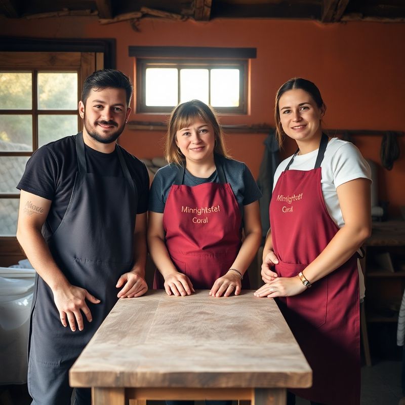 A small family business team of three gathered around a timber workbench in a Romanian workshop, wearing midnight-coral aprons