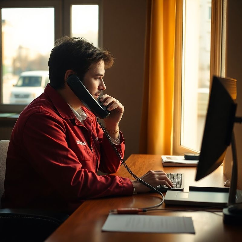 A person in midnight-coral workwear answering a telephone at a tidy wooden desk, with a Constanța street visible through the window