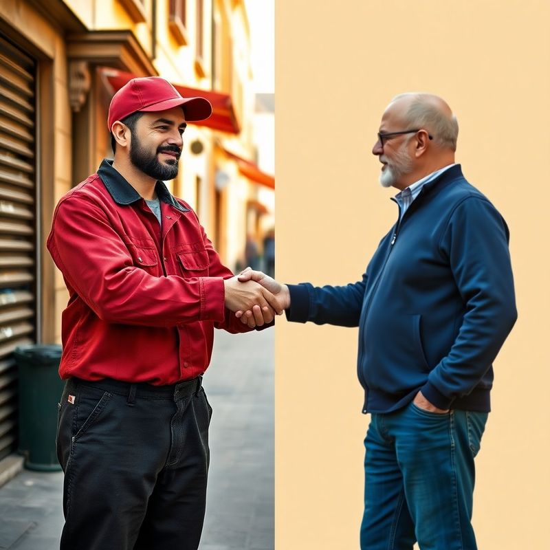 A Vaughn Co tradesperson in midnight-coral workwear shaking hands with a resident on a sunlit Constanța street