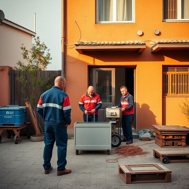 A small Vaughn Co team in midnight-coral workwear preparing equipment outside a residential building in Constanța